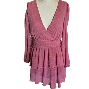 Zara Long Sleeve V-Neck Faux Rap Dusty Rose Dress. Size Large